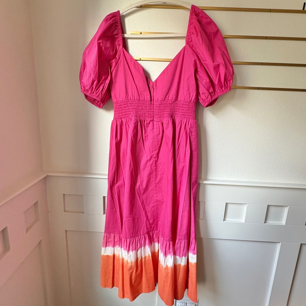 $395 NWT SACHIN & BABI Bri Tie Dye Pink & Orange Midi Dress Puff‎ Sleeves SIZE 8 - Picture 2 of 8